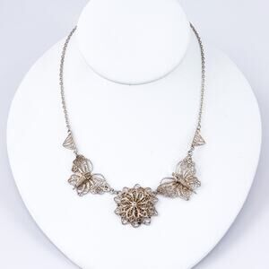 Vintage Sterling Silver 925 Filigree Floral Butterfly Necklace 15.75"